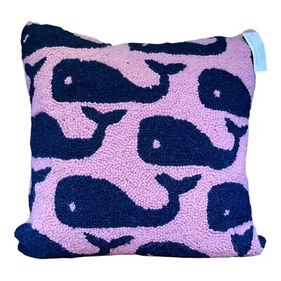 Hand Hooked Pillow-Beach Theme Blue Whales 100% Wool 16 x 16 in Zipper - Image 1 of 4