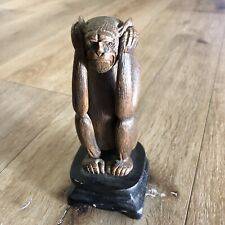Original Vintage 7” Wooden Hand Carved Monkey Hear No Evil Figurine Statue, EUC
