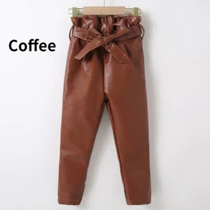 Toddler Girl Faux Leather Pant with Belt High Waist Stretchy Long Trousers Thick - Picture 1 of 19
