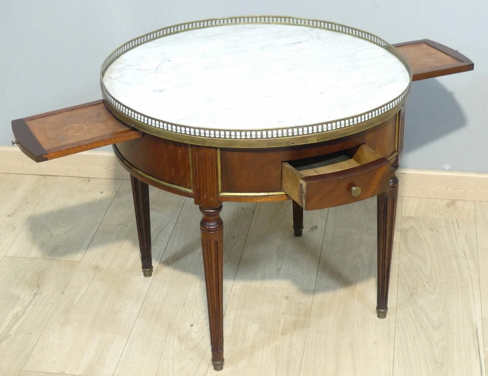 Table basse bouillotte en acajou et marbre style Louis XVI, époque début XX ème - Photo 1/4