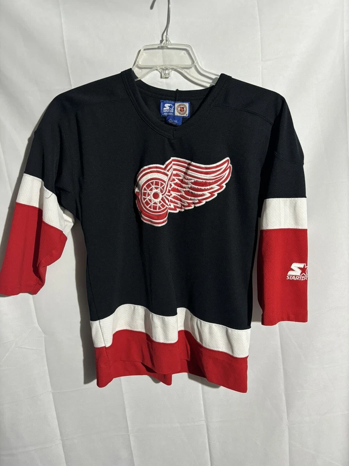 Vintage Starter Detroit Red Wings Sz L/XL Youth Hockey Jersey NHL Black Red Logo - Image 1 of 4