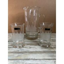 1970s Toscany Etched 3-Piece Clipper Ship Pitcher & Beer Mug Set Handblown Glass