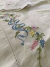 Vtg 2 White linen Pillowcases Pink Blue Floral Ribbon Crewel Embroidered 20 x 31