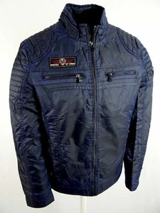 $120 Blue Mens Jacket Motorcycle Moto Bomber Embroidered Patches Zip Pockets - Picture 1 of 8