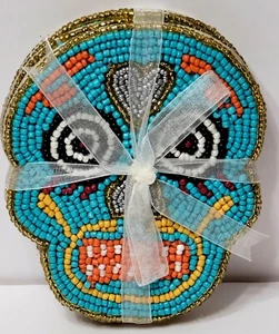 Juego de 4 posavasos con cuentas calavera de azúcar del día de los muertos hechos a mano India ¡Nuevo! - Imagen 1 de 1