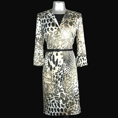 Albert Nipon Suit Dress Sheath Jacket Satin Black Gray Leopard Duster Belt 4 Sm - Image 1 of 4