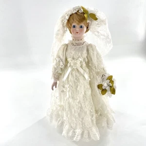 Vtg Porcelain Bride Doll Pearl Lace Wedding Dress Veil Flower Bouquet Stand - Picture 1 of 12