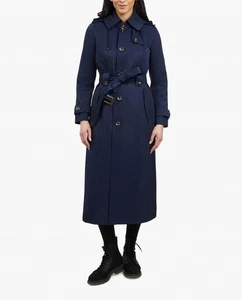 London Fog Single Breasted Hooded Maxi Trench With Belt Midnight Navy - Picture 1 of 7