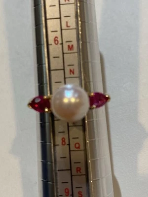 Anillo de perlas rubí de oro amarillo macizo de 14K - tamaño 7,5 Foto 1 de 4