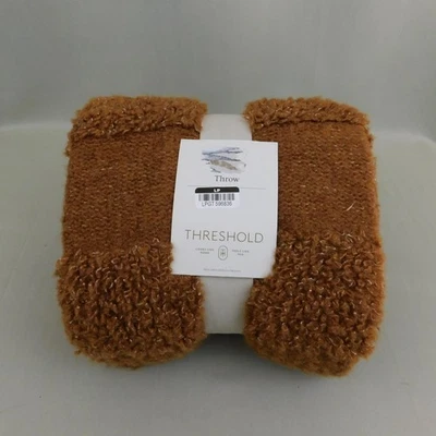 Acogedora manta tejida de lana a rayas punto burbuja Threshold 60x50, bronceada #C721 Foto 1 de 4