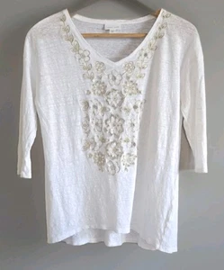 J. Jill Love Linen Textured Top Women's PXS WhiteFloral Cutout 3/4 Sleeve - Picture 1 of 7