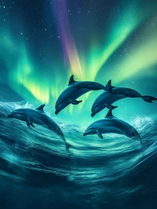 Leinwandbild Nordlichter Delfine im Meer Wandbild Poster Druck - Bild 1 von 22