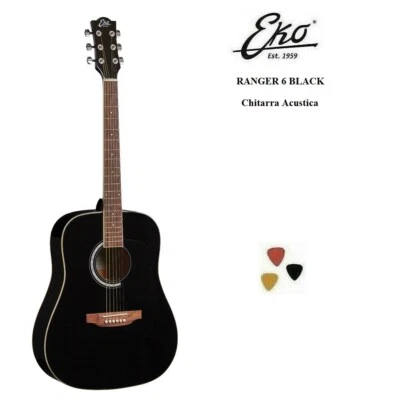 EKO RANGER 6 BLACK NERA CHITARRA ACUSTICA FOLK  e 3 PLETTRI NUOVA DISCOMIXSOUND - Immagine 1 di 4