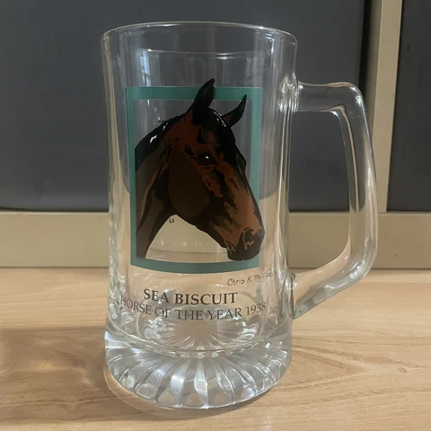 Rare Seabiscuit Beer Stein Glass Mug Race Horse Of The Year & Vtg Breyer Horse Cover