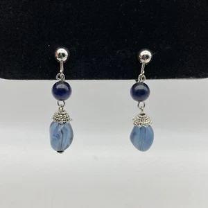 Vintage Silver Tone Blue Dangle Teardrop Earrings Screwback, 1.5'' - Picture 1 of 5