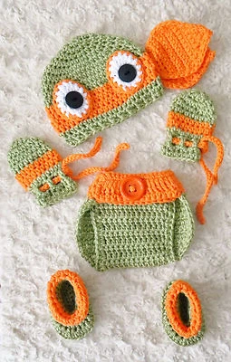 Traje/disfraz de bebé Tortuga Ninja Miguel Ángel inspirado en TMNT a ganchillo Foto 1 de 4