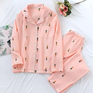 Chinese Japanese Autumn Women 100% Gauze Cotton Pajamas Set Sleepwear Nightwear - Picture 1 of 16