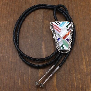 Sterling Silver Multi Stone Inlay Kewa Style Bolo Tie by N.P. Coriz - Picture 1 of 6