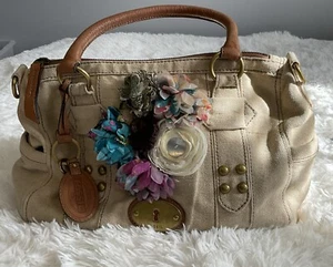 FOSSIL Grayson Beige Canvas Fabric Satchel Bag Added Floral Accessories ***READ - Picture 1 of 18