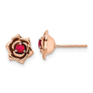 14K Solid Two Tone Gold Ruby Flower Stud Earrings - Picture 1 of 4