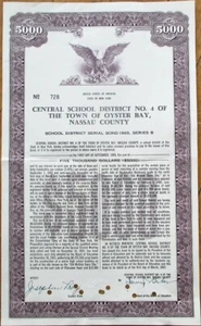 Certificado de fianza del distrito escolar central Oyster Bay, Long Island, NY 1965 - Imagen 1 de 1