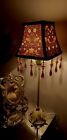 CREAM TABLE LAMP, WITH HAND CRAFTED WILLIAM MORRIS RED STRAWBERRY THIEF SHADE