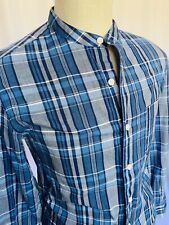 J CREW Mens Cotton Madras Band Collar Shirt Blue Plaid, Small