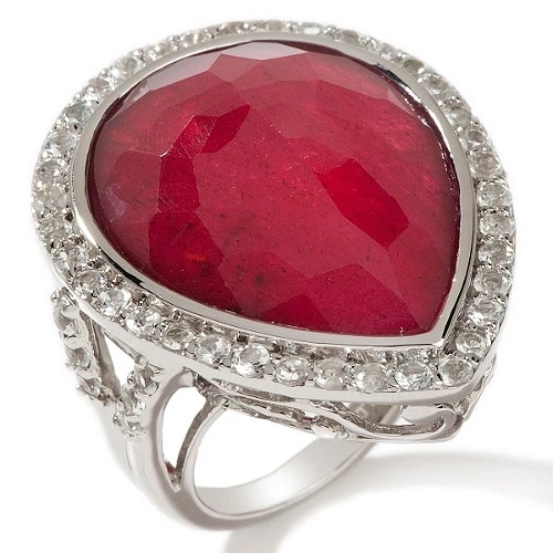Кольцо в форме груши из чистого серебра с двойным красным корундом и белым топазом 27,68 карата  - Изображение 1 из 1