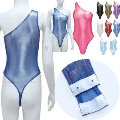 Bodysuit Damen Metallic Stringbody Durchsichtig Ein-Schulter Ärmellos Overall - Bild 1 von 4