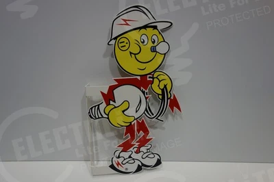 RARE Reddy Kilowatt LINEMAN BULB WIRE UNDER ARM 2-SIDED Electric Die Cut SIGN - Image 1 of 4