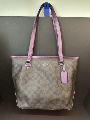 Coach Signature Shoulder Tote Bag Brown Leather Purple Trim Model No F58294
