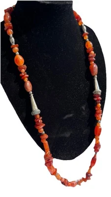24" Bohemian Orange Genuine Gemstone Long Necklace Silvertone Hardware Layered - Image 1 of 4