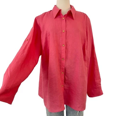 Blusa Camisa Lauren Ralph Lauren Clásica Lino Abotonada Manga Larga Rosa 2X Foto 1 de 4