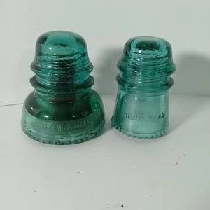 Paar Hemingray Aqua Glas Isolator No 40 & 16 Antik Holz Zifferblatt Vintage Grün - Bild 1 von 5