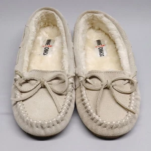 Minnetonka Mokassin Schuhe Damen Größe 7M Wildleder Kunstfell Hausschuhe 40525 Elfenbein - Bild 1 von 7