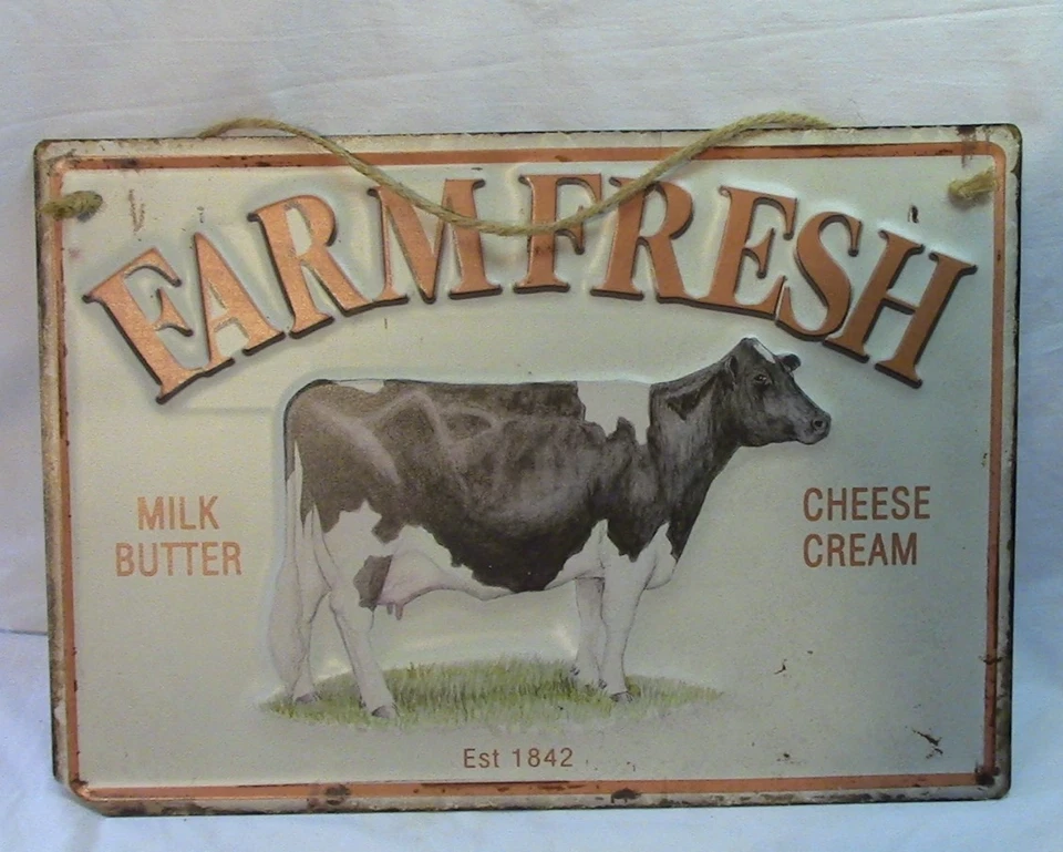Letrero de metal de vaca lechera fresca de granja de colección 16' x 11' mantequilla de leche queso crema est 1842 Foto 1 de 1