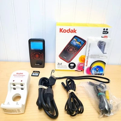 KODAK Zx1 Pocket Travel Video Camera HD 720p Black Charger AV Cables Bundle - Image 1 of 4