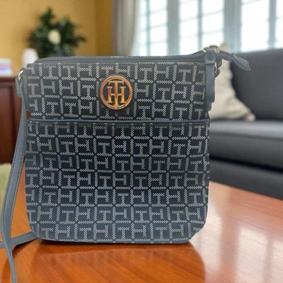 Tommy Hilfiger Gold Monogram Crossbody Purse Bag Blue Multi Section Zip Clean - Image 1 of 4