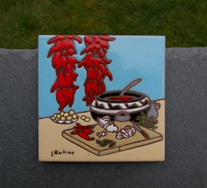 1990 L Kuhne 6" Wandbehang Kachel Untersetzer Untersetzer Chili Erdtöne Südwesten - Bild 1 von 5