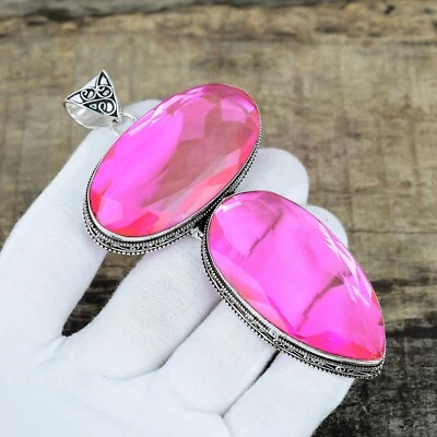 Pendente Grande In Topazio Rosa In Argento Sterling 925 Per Regali D'Amore - Immagine 1 di 4