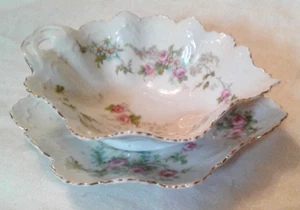 Vintage MZ Austria Porcelain Leaf-Shaped Floral Bowl w/Matching Saucer - Picture 1 of 12