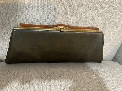 Vintage Black Faux Pebbled Leather Handbag Lucite Handle Gold Satin Lining - Image 1 of 4