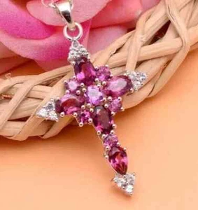 3Ct Oval Cut Lab-Created Ruby Diamond Cross Pendant 14k White Gold Plated Silver - Picture 1 of 3