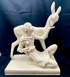 RARE VINTAGE CERAMIC GILDED BIG FIGURE 13", YOUNG WOMAN WITH A DEER, c1960 g. - Picture 1 of 8