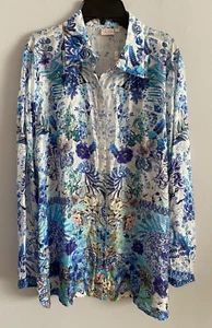 Cienna 100% Seide Hemd Bluse Blumen halbtransparent Rollriegelärmel blau Gr. L NEU - Bild 1 von 4
