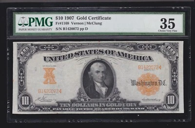 US 1907 $10 Gold Certificate Vernon/McClung FR 1168 PMG 35 Ch VF (072) - Image 1 of 2