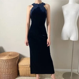 VTG Jessica McClintock Gunne Sax Navy Blue Velvet Lace Sleeveless Maxi Dress 7/8 - Picture 1 of 14