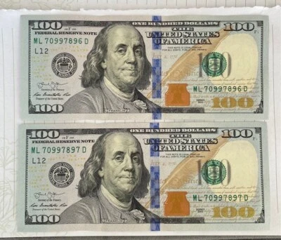 Sequential number order (2)$100.00 Bills  2013 description below - Image 1 of 2