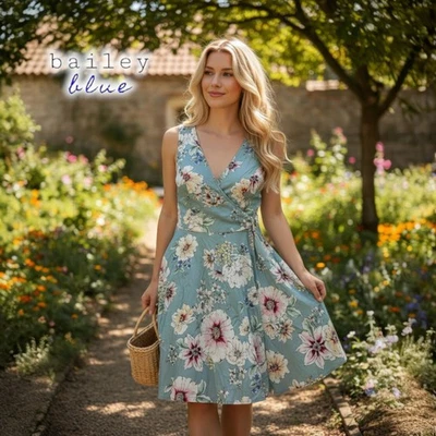 NWT Bailey Blue Dress L Turquoise Floral Mock Wrap Cinch Tie Lined Tulle - Image 1 of 4