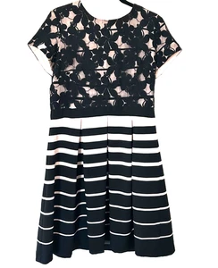 Black & Pink Floral Lace Top Striped Fit & Flare Dress W/ Zipper Back - Picture 1 of 9